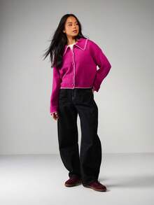 MISSGUIDED Women's Button Up Cardigan With Whipstitch Detailing Knit Sweater For Casual Layering Christmas - Red - View 3