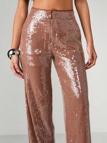 MISSGUIDED Sequined High-Waisted Wide Leg Palazzo Trousers For Evening Party Occasions - Khaki - View 4