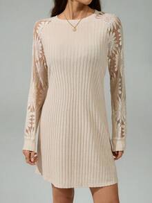 SHEIN Tall 女款休閒純色提花拼接短款迷你洋裝，秋季，適合高個女性 - 杏色 - 查看 10