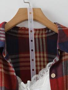 Linhara Áo sơ mi kẻ caro cỡ lớn cho nữ, dáng dài vừa, tay dài, thân trước ngắn, lưng sau ngắn, cổ tay áo thắt nơ, dáng rộng thoải mái, phong cách cổ điển, mùa xuân/thu - Nhiều màu - Xem 3