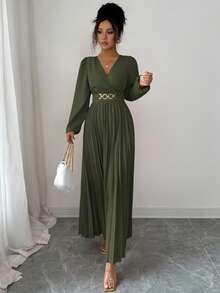 Elenzga Vestido plisado elegante, adecuado para volver al colegio, cumpleaños, boda - Verde - Ver 4