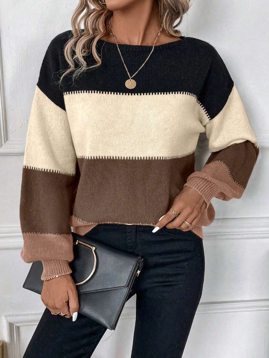 SHEIN LUNE Áo len dệt kim dáng rộng trễ vai màu tương phản, thường ngày đi làm cho nữ, mùa thu/đông - Màu Khaki - Xem 1