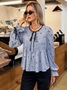 SHEIN Frenchy Fall Winter 2025 Women's Casual Striped Print Detail Front Tie Collar Blouse, Autumn, Striped Blouse, Contrast Trim Tie Shirt,Pleated Shirt,Ruffle Blouse, Blue Striped Shirt,Floral Print Pattern Blouse - Blue and White - View 4