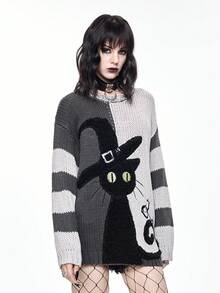 ROMWE Goth 神秘暗黑猫嵌花阴阳条纹宽松圆领毛衣 - 彩色 - 查看 7