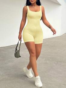 Zolique Salopetă de damă, ocazională, fără mâneci, de culoare solidă, pentru vară - Galben - Vizualizare 3