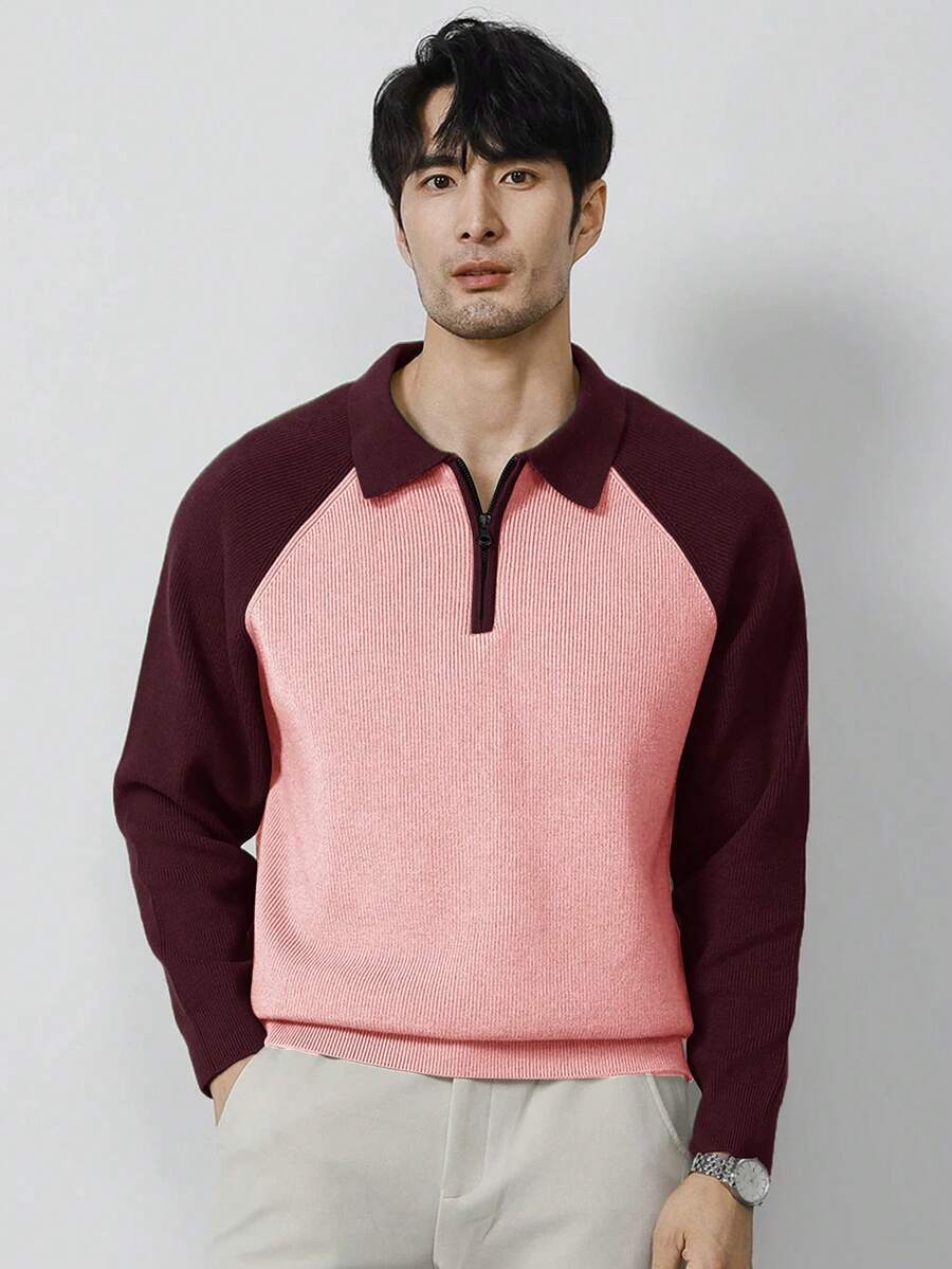 Claim Dot Áo len nam cổ polo tay raglan phối màu tương phản, khóa kéo, kiểu dáng thường ngày, thích hợp cho mùa thu/đông. Áo polo dệt kim nam, áo sơ mi nam phối màu. - Màu Đỏ Sâu - Xem 1