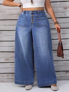 SHEIN CURVE+ Quần jeans ống rộng cạp cao giặt thường ngày cỡ lớn - Màu xanh lam - Xem 4