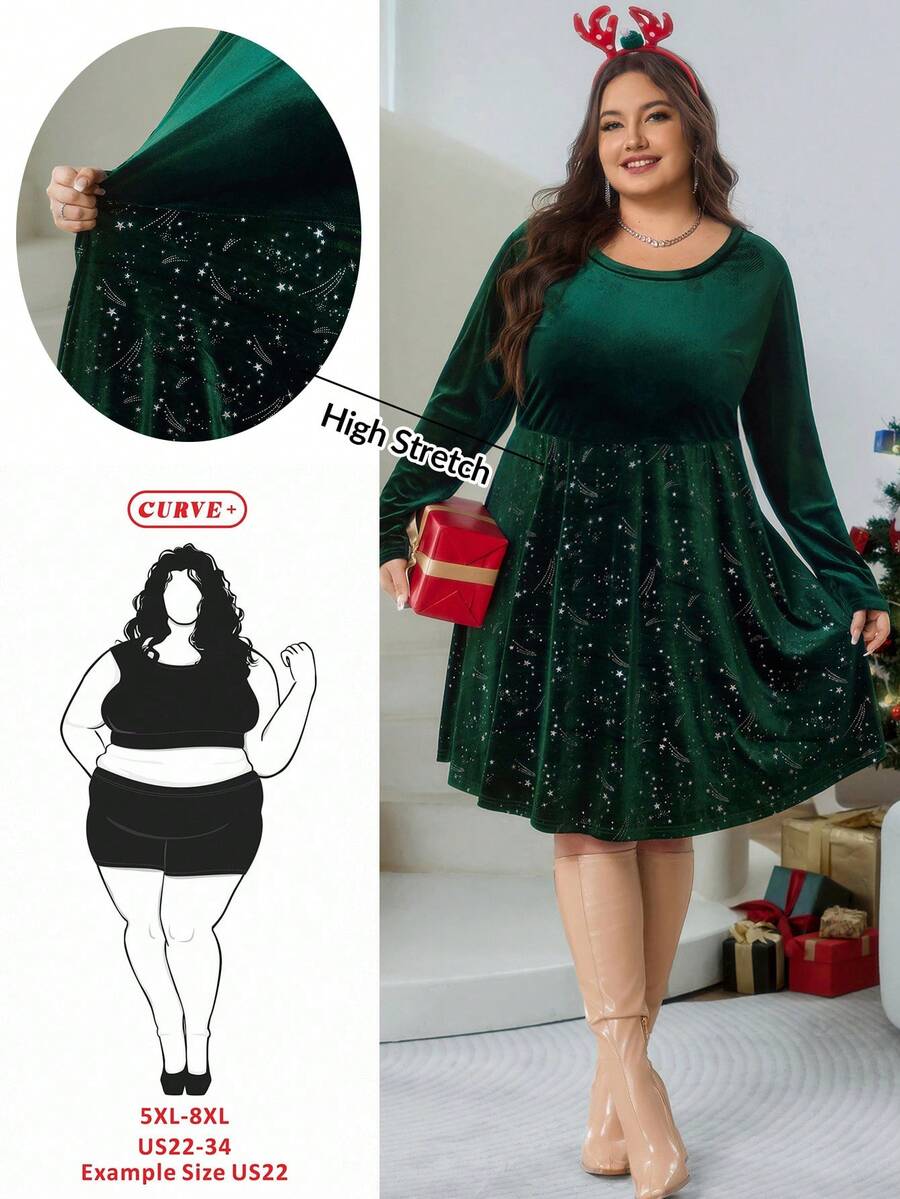 SHEIN CURVE+ Plus Size Round Neck Long Sleeved Crystal Decoration Simple Short Casual Dress Plus Size Women's Autumn Dress, Christmas Dress, Party Dress - Dark Green - View 1