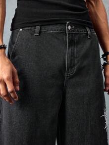 ROMWE MEN Anime Men's Fashion Street Dragon & Sakura Print Loose Wide Leg Flared Jeans, Belt Not Included - Black - View 2