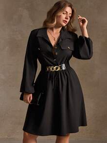 Elegantrix Plus Size Black Long Sleeve Short Dress With Metal Waist Chain, Waist Cinching Design, Suitable For Christmas, Halloween, Autumn/Winter Women Shirt Dress - Black - View 4