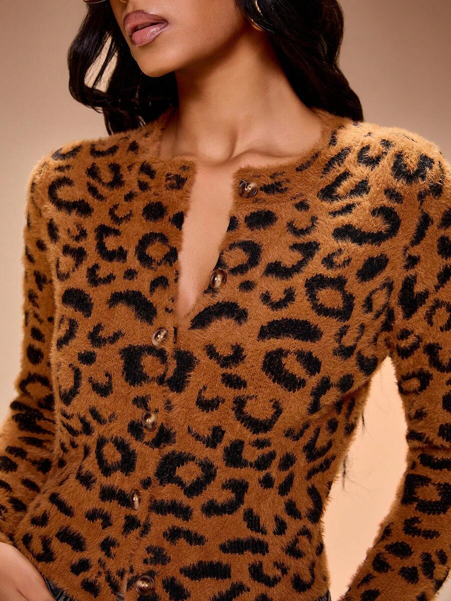 Radiana Women's Casual Chic Street Style Leopard Print Button-Up Fitted Fluffy Knit Cardigan, Autumn/Winter - Multicolor - View 1