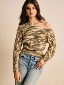 Poéselle Camisetas femininas, tecido felpudo degradê, camisetas de manga comprida, camisetas casuais, blusas femininas, camisetas com ombros assimétricos, blusa feminina com estampa total e manga morcego, blusa feminina da moda para o outono, blusa feminina de inverno, blusa ombro a ombro, roupas femininas para o outono e inverno, estilo clássico. - Multicolorido - Ver 3