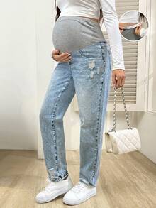 SHEIN Verstellbarer Bund, Umstandsjeans mit Rissen und lockerer Passform, lockerer Schnitt - Helle Waschung - Übersicht 1