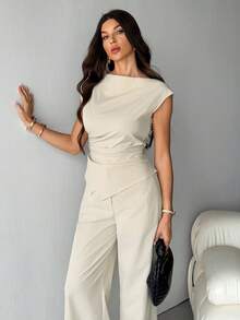 SHEIN Tall 极简通勤办公穿搭，新款春夏船领泡泡袖收腰女式衬衫+高腰超长阔腿女式长裤，高个版