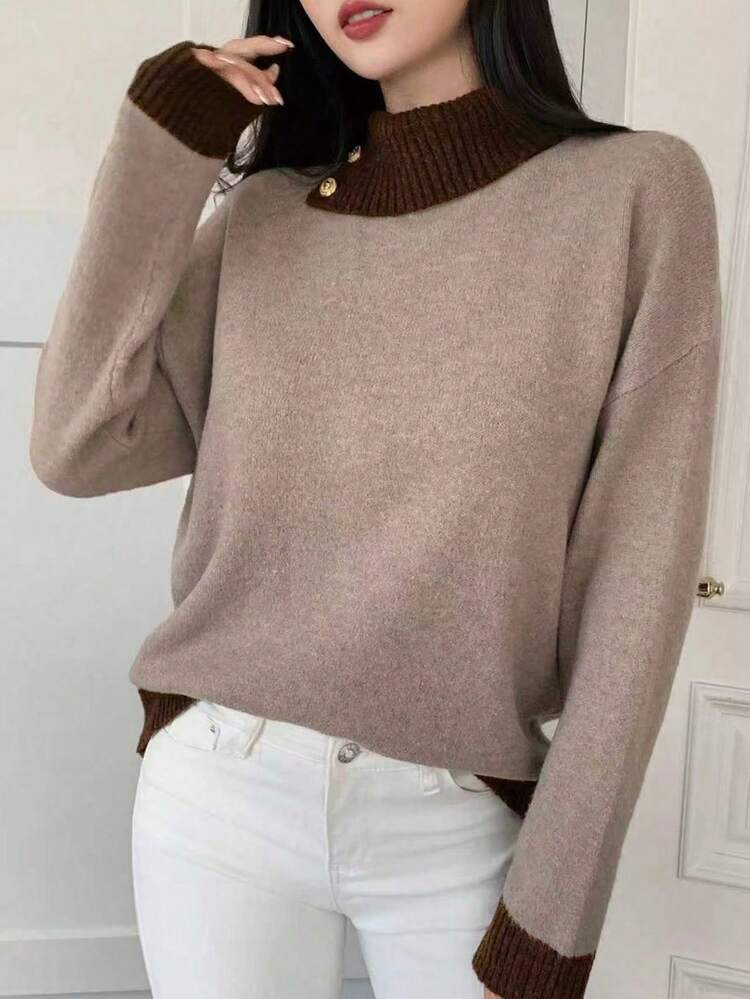 Women's Loose Fit Color Block Knit Sweater, Autumn