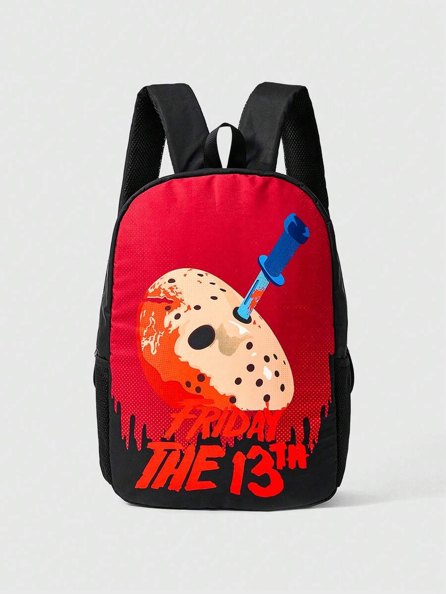 WB Horror X SHEIN 时尚恐怖面具印花防水大容量时尚背包 - 紅黑色 - 查看 1