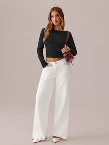 SHEIN SXY Black Top;Women's Sexy Contrasting Lace-Up Backless Slim-Fit T-Shirt; Women's Round Neck Long-Sleeved Solid Black Slim-Fit Bow Top, Suitable For Dating, Young And Sexy, Daily Outing, Autumn Clothing, Daily Dating Travel Wear; Daily Outing Office Wear Tie Back Top Bow Tops Backless Shirts Backless Tops Open Back Tops - Black - View 3