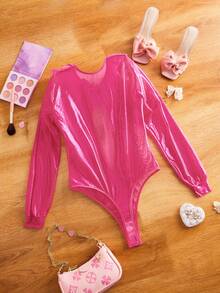 FairyFlirt Women's Ruffled Sleeve Bowknot Decor Sexy Role Play Costume Lingerie Pink Bodysuit, Christmas - Hot Pink - View 5