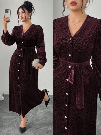 Modelyn Plus Size Women V-Neck Lantern Sleeve Velvet Embossed Elegant Party Dress