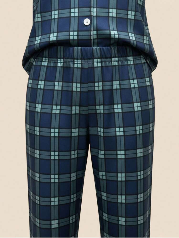 Plaid Button Front Pajama Set With Long Sleeves