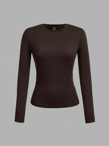 SHEIN EZwear Plus Size Women's Solid Color Round Neck Long Sleeve Fitted Casual Versatile T-Shirt/Fall/Winter - Multicolor - View 4