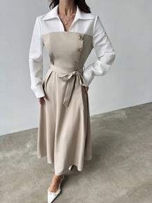 Firerie Women's Casual Elegant Metallic Embellished Tie-Waist Linen Dress / Business Women's Wear / Teacher's Attire / Office Commuting / Suitable For Women / Autumn/Winter Women's Wear / Back To School Season / Retro Women's Wear / Business Casual Women's Wear / Old Money Style Dress - Multicolor - View 7