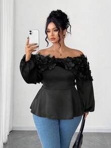 Elenzga Abito lungo con maniche lunghe, scollo a spalle scoperte, balze sul fondo, in jacquard floreale, elegante, adatto per la scuola, appuntamenti e uscite in autunno/inverno, taglie comode - nero - Visualizzare 1