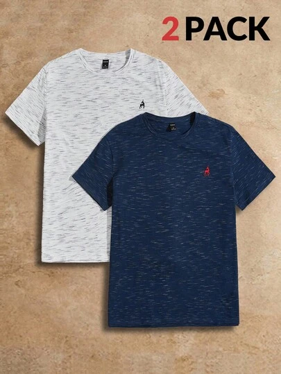 Manfinity NXTstreet 2件/套 100%纯棉针织男士刺绣圆领休闲短袖T恤，情侣装