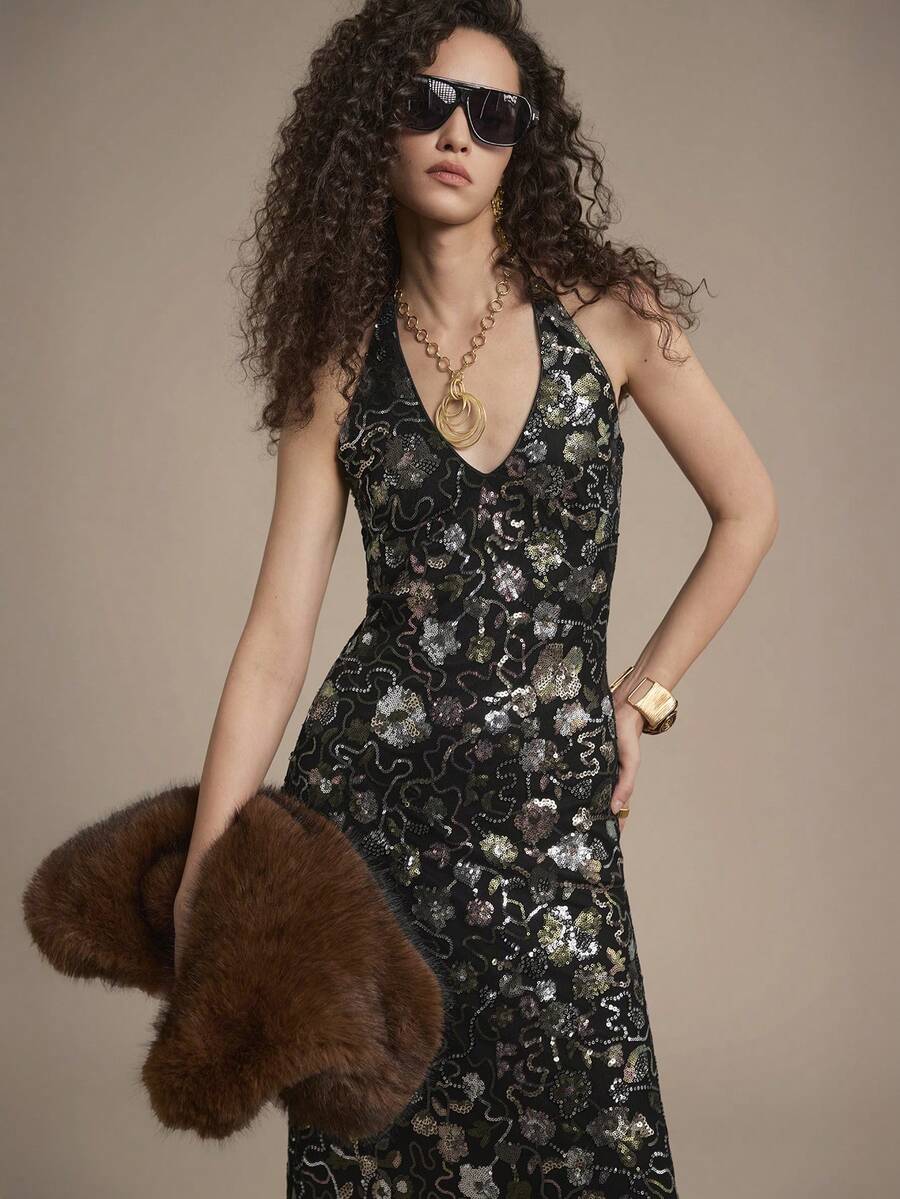 Chiquease Vestido elegante con cuello en V, bordado con lentejuelas para mujeres, adecuado para fiestas formales, cumpleaños, banquetes en otoño/invierno - Negro - Ver 1