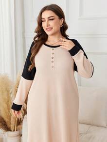 Lacomfia Váy len dệt kim tay raglan phối màu cho nữ, dáng rộng, cổ tròn, cỡ lớn, dài - Bụi hồng - Xem 5