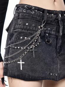 ROMWE Grunge Punk Kpop朋克金属铆钉链条做旧水洗迷你牛仔裙 - 黑色 - 查看 3