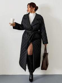 Firerie Abrigo acolchado de unicolor simple para uso diario y casual con cuello de solapa y cinturón de amarre para mujer talla grande, invierno - Negro - Ver 4