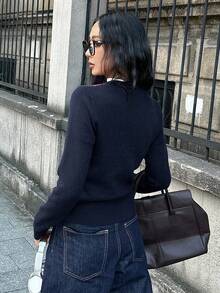 DAZY Áo khoác cardigan dệt kim cổ tròn tay dài họa tiết kẻ caro jacquard màu tương phản cổ điển dành cho nữ, mùa thu/đông - Màu xanh hải quân - Xem 2