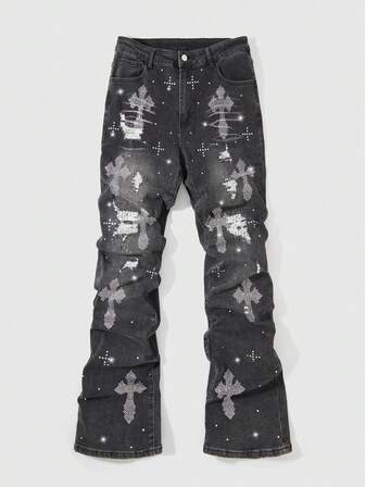 Street Life بنطلون جينز رجالي عتيق مزين بصليب من الراين مشوه