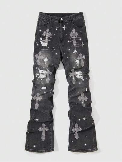 Street Life Jeans en denim vintage délavé avec croix ornée de strass pour hommes