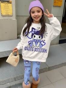 两件套女童休闲可爱经典兔子、爱心图案、娃娃印花圆领长袖卫衣和打底裤，适合秋冬季穿着 - 彩色 - 查看 1