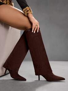CUCCOO SZL Damen Mode Spitze Zehen Wildleder Overknee Stiefel, elegante vielseitige Slim Heel Overknee Stiefel - Braun - Übersicht 10