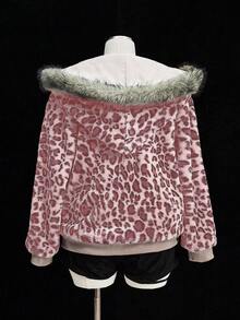 Sweetra Leopard Faux Fur Minimalist Hat & Short Vintage Casual Jacket - Pink - View 2