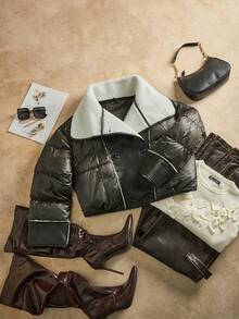 Anewsta 厚款短款宽松皮革拼接大领女式夹克