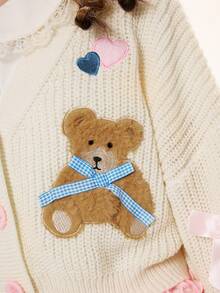 ROMWE Kawaii 女士休闲V领可爱小熊刺绣爱心蝴蝶结落肩长袖开衫毛衣 - 米色 - 查看 2