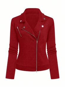 GlowEve 翻领纹理面料拉链休闲机车夹克 - 紅色 - 查看 7