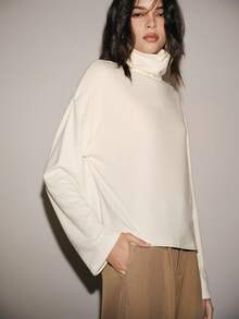 Lumivelle 女士休闲宽松高领长袖卫衣 - 杏色 - 查看 4