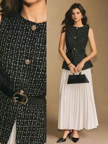 Poéselle Women's Plaid Pattern Sleeveless Button-Up Buckle Belted Vest And Pleated Skirt Suit Set, Office/Commute, Elegant Women's Set,Black Tweed Fabric With Gold Thread Accents, Super-Value Three-Piece Outfit,Luxurious And Elegant,Christmas Party,Luxury Evening Dresses,New Year Outfit ,Suitable For Daily Wear, Party,Going Out, Commuting,Fall/Winter