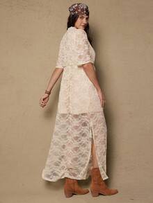 Freevana Plus Size Solid Color Criss-Cross Wrap Front Midi Sleeve Split Hem Lace Dress Maxi Dress Lace Dress For Women Western - Apricot - View 6