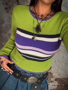 Whyspr Fall Autumn And Winter Grunge Punk Cottage Punk Plus Size Contrast Color Round Neck Raglan Sleeve Striped Knit Casual Pullover - Multicolor - View 1