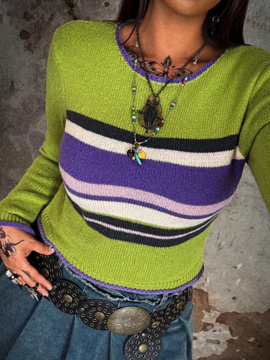 Whyspr Fall Autumn And Winter Grunge Punk Cottage Punk Plus Size Contrast Color Round Neck Raglan Sleeve Striped Knit Casual Pullover - Multicolor - View 1