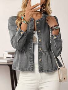 EMERY ROSE 女士休闲时尚前扣长袖牛仔夹克，适合日常穿着 灰色牛仔夹克女款 灰色牛仔夹克女款 灰色牛仔夹克 灰色纽扣牛仔夹克 灰色牛仔夹克女款 - 灰色 - 查看 5