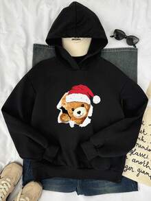 SHEIN EZwear 圣诞熊图案印花圣诞帽宽松加厚连帽长袖女式卫衣 - 黑色 - 查看 4