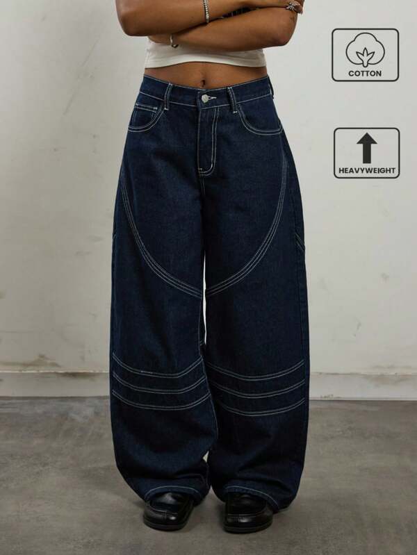 COUREZ Jeans de ciclista de globo de tiro bajo con detalles de costura contrastantes / Ropa de otoño Y2K para mujer, ropa de invierno para mujer, pantalones informales de pierna ancha, atuendos para salir, jeans de tiro bajo, pantalones para salir