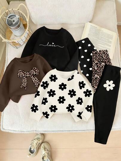 SHEIN Playful Pals 6pcs Cozy Fall & Winter Styles Infant/Toddler Girls Casual Fashion Creative Personalized Fresh Cute Leopard Print, Bow, Flower, Heart, Letter Graphic Print Sweatshirt And Leggings Outfit Set Toddler Flower Clothes Baby Set Autumn Winter Season Baby Girl Sweaters Set Mocha Baby Clothes Baby Casual Sets